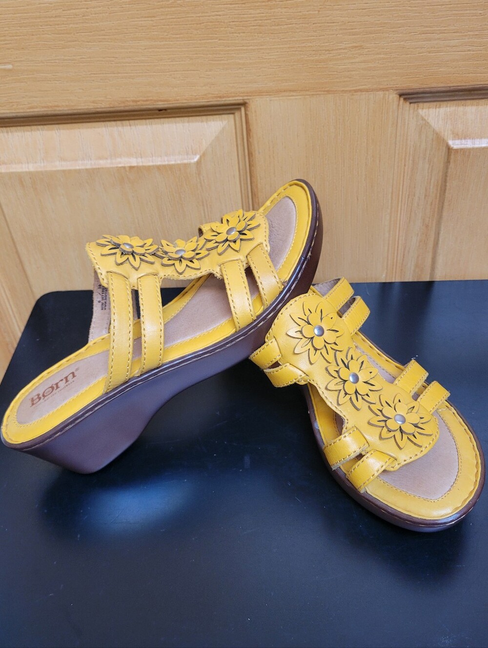 Born Yellow Leather Floral Wedge Slide Sandals